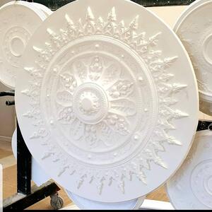 Ceiling Rose C11 (1190mm dia.) can be directly adhered or joined flush with the ceiling. 
Next to the C11 are standard size Roses (600mm dia. appx.) which suit an average size bedroom for example.

#ceilingrose #ceilingroses #plaster #plastering #fibrousplaster #ceiling #ceilingdesign #ceilingpanels #ornamentalplaster  #interiordesign #queenslandhomes #fancy #c11